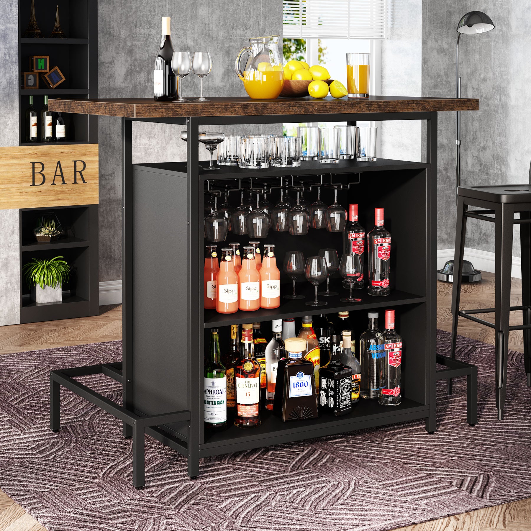 Industrial Home Bar Unit, 3-Tier Liquor Bar Table with Glasses Holder