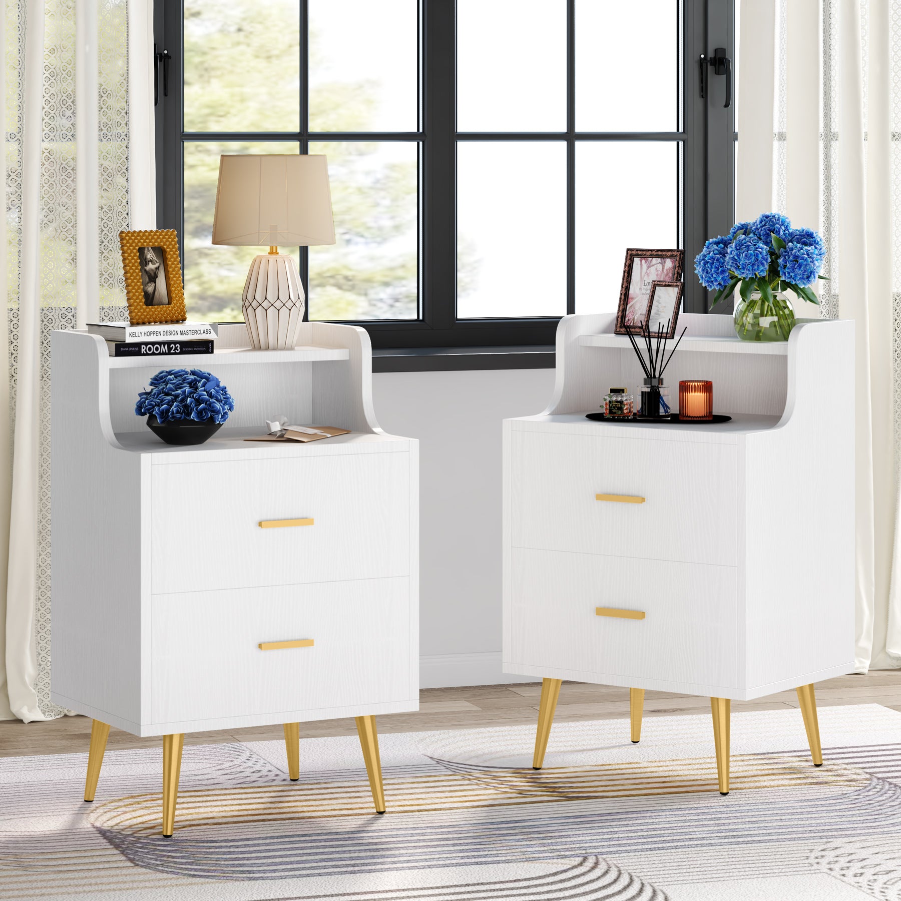 White Nightstand, Modern Bedside Table with 2 Drawers