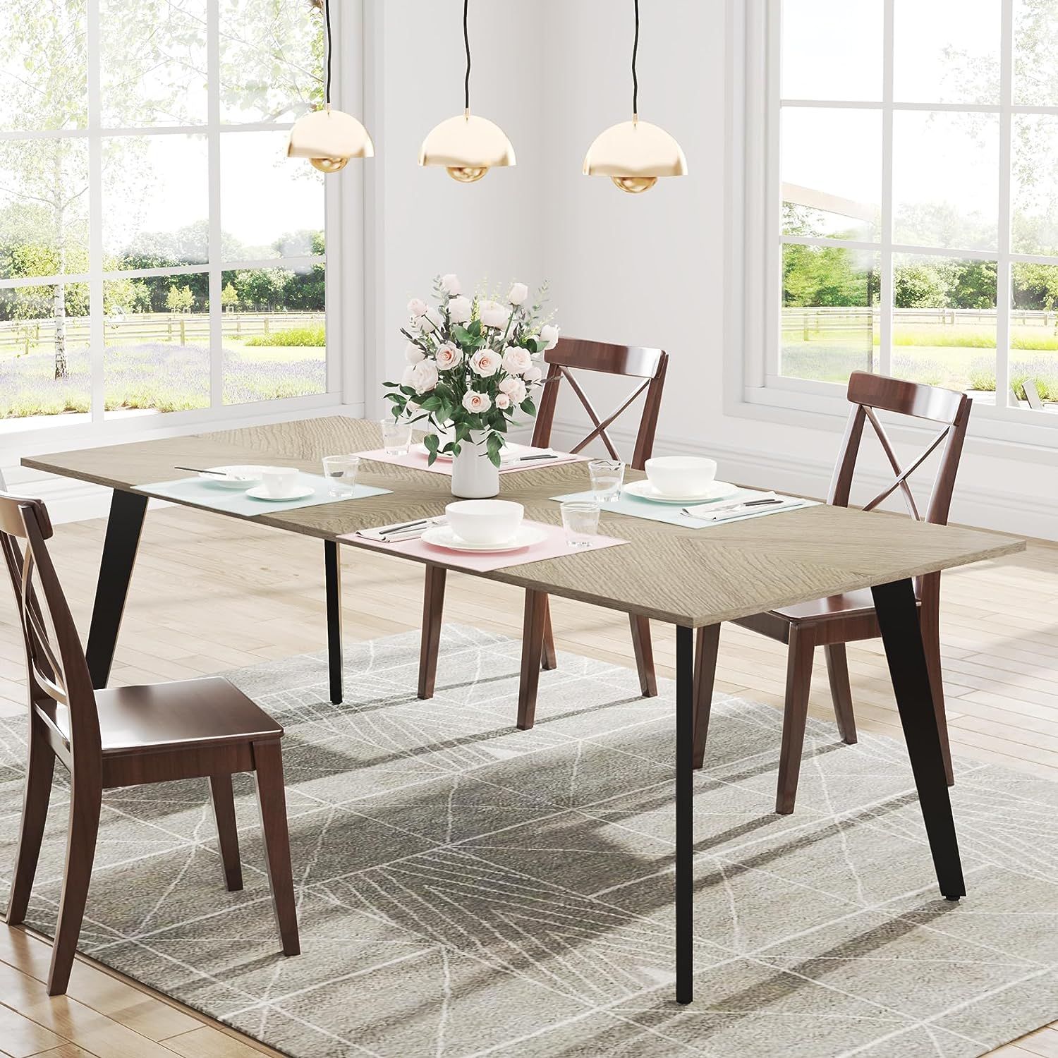 Wood Dining Table, Farmhouse Rectangular Kitchen Table for 6 People