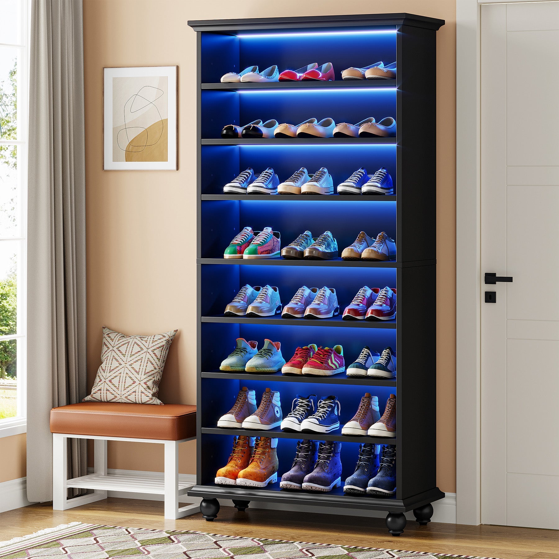 9-Tier Wood Shoe Cabinet Rack with LED Lighting & Solid Wood Legs