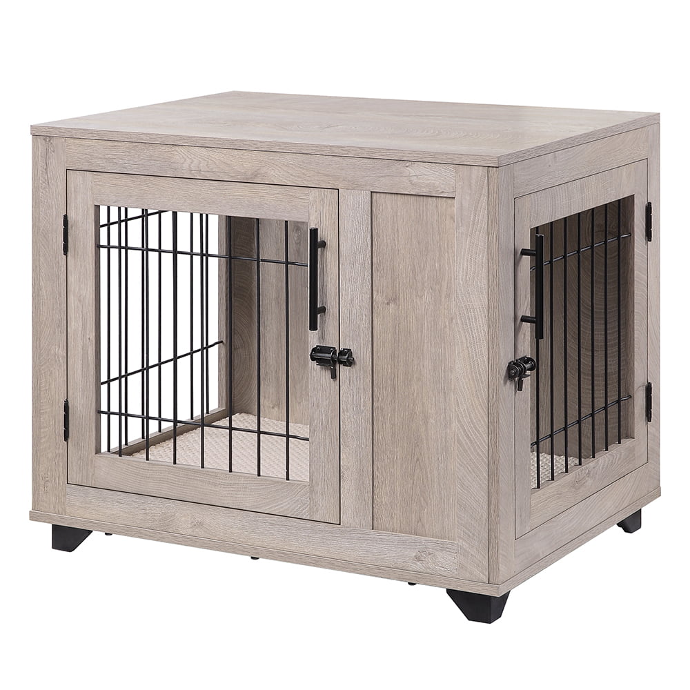 Unipaws Furniture Style Dog Crate， Wooden Wire Pet Kennels with Double Doors， Dog House Indoor Use， Weathered Gray