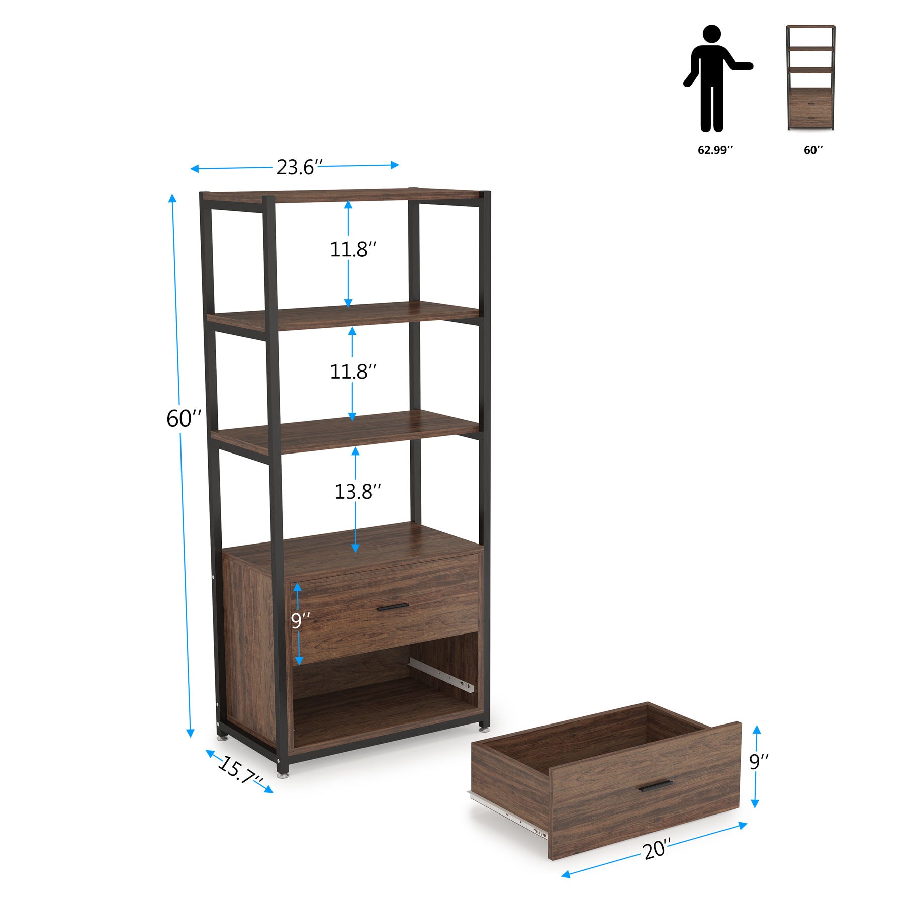 2-Drawer Bookshelf Etagere Bookcase with Open Shelves