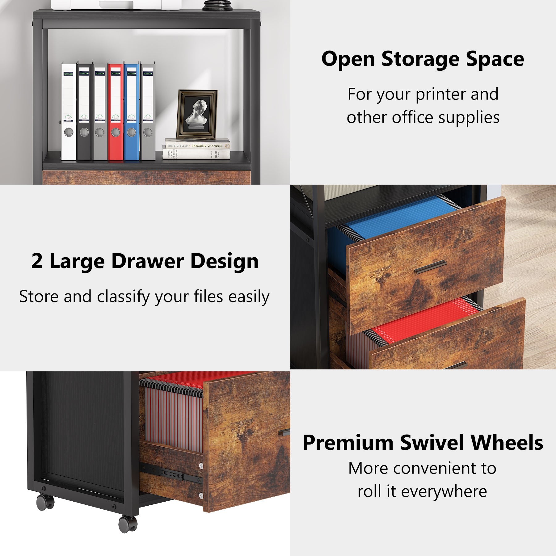 2-Drawer File Cabinet, Rolling Vertical Filing Cabinet for Legal Size