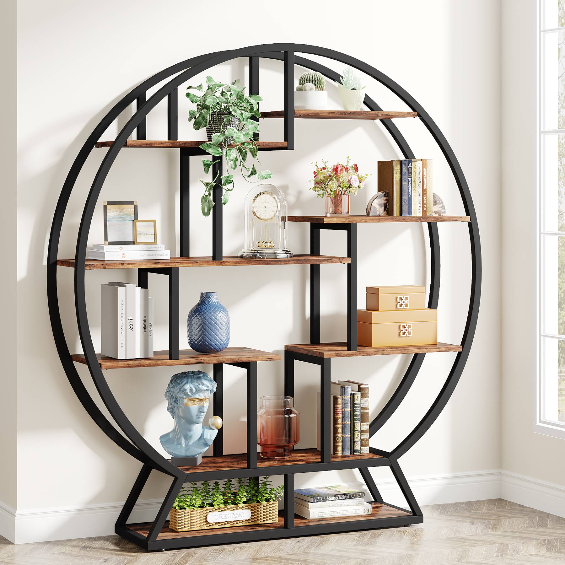 Round Bookshelf, 63 Inch Etagere Bookcase with Staggered Shelves