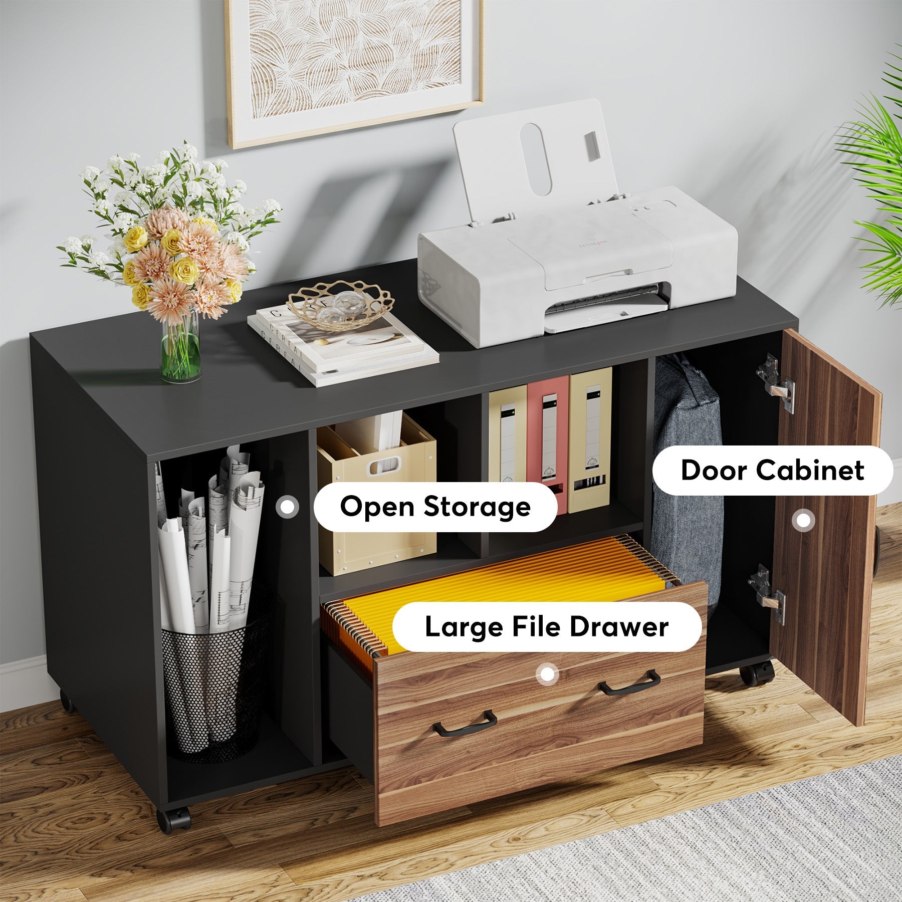 Rolling File Cabinet with Drawer and Door for A4/Letter/Legal Size