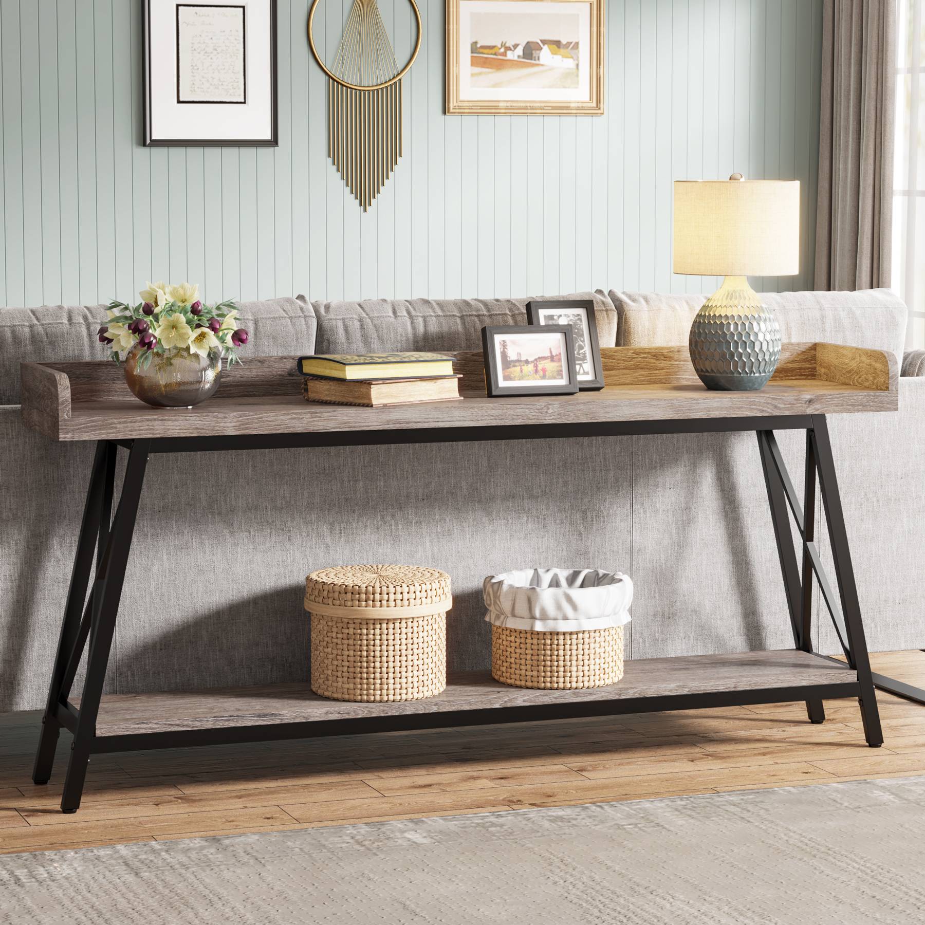 Industrial Console Table, 2-Tier Narrow Sofa Table Behind Couch