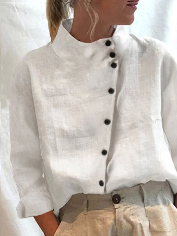 Women's Cotton Linen Turtleneck Long Sleeve Shirt