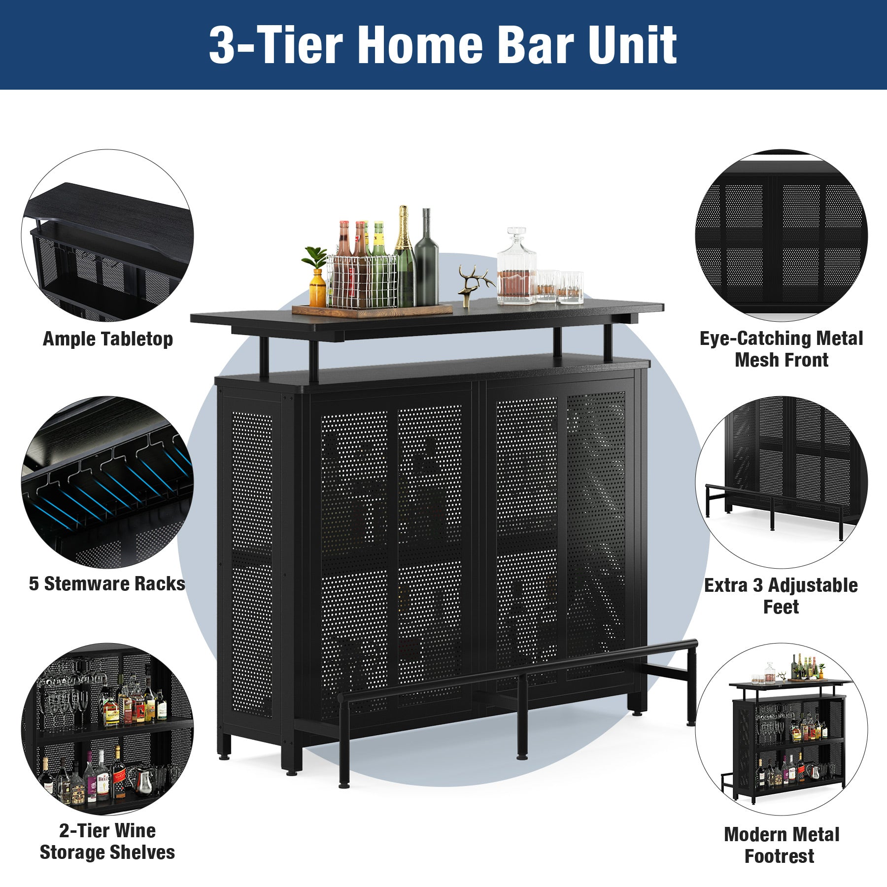 Home Bar Unit, 3-Tier Liquor Bar Table with Stemware Racks