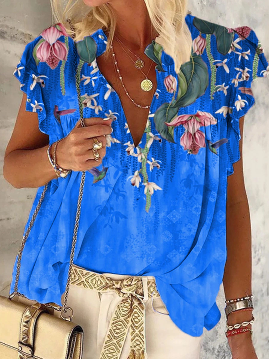 Floral Print Casual Short Sleeve Blouse