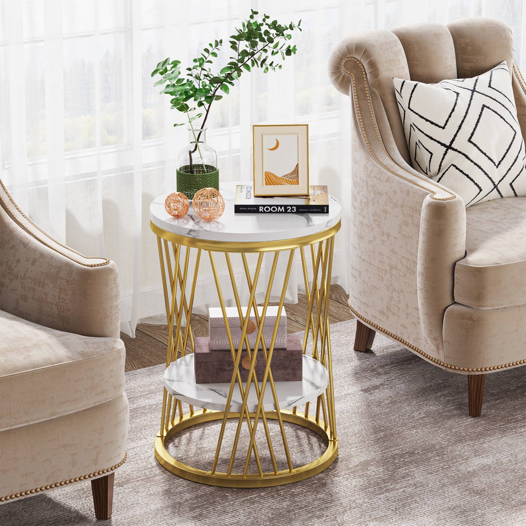 2-Tier End Table, Round Bedside Table with Faux Marble Shelves