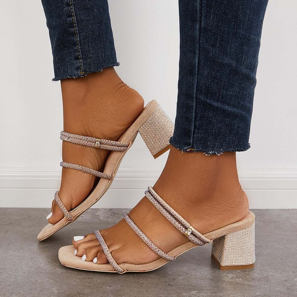 Rhinestone Chunky Heel Mules Slip on Backless Sandals