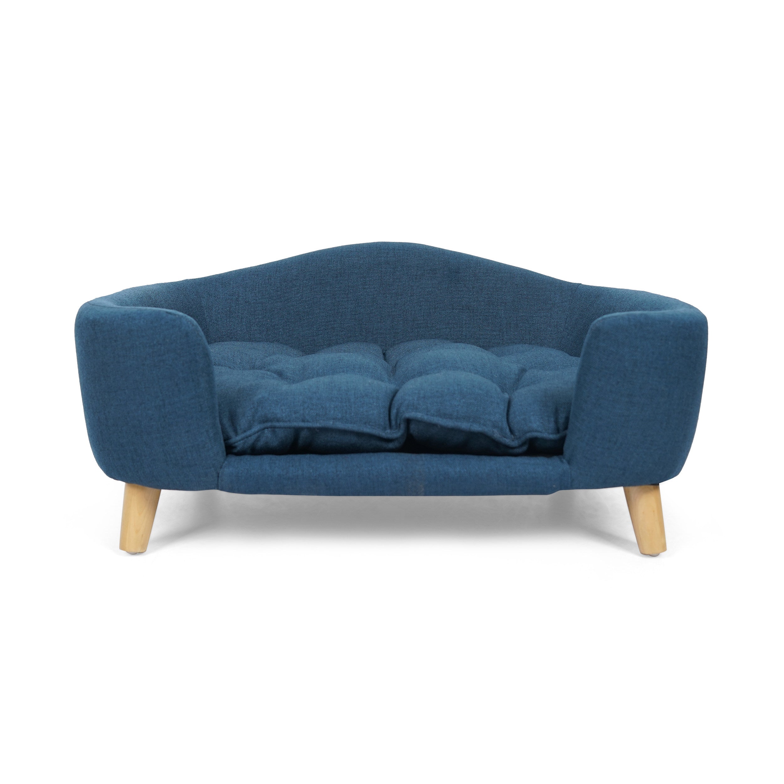 GDF Studio Samuel Mid Century Small Plush Dog Bed， Navy Blue and Natural Finish