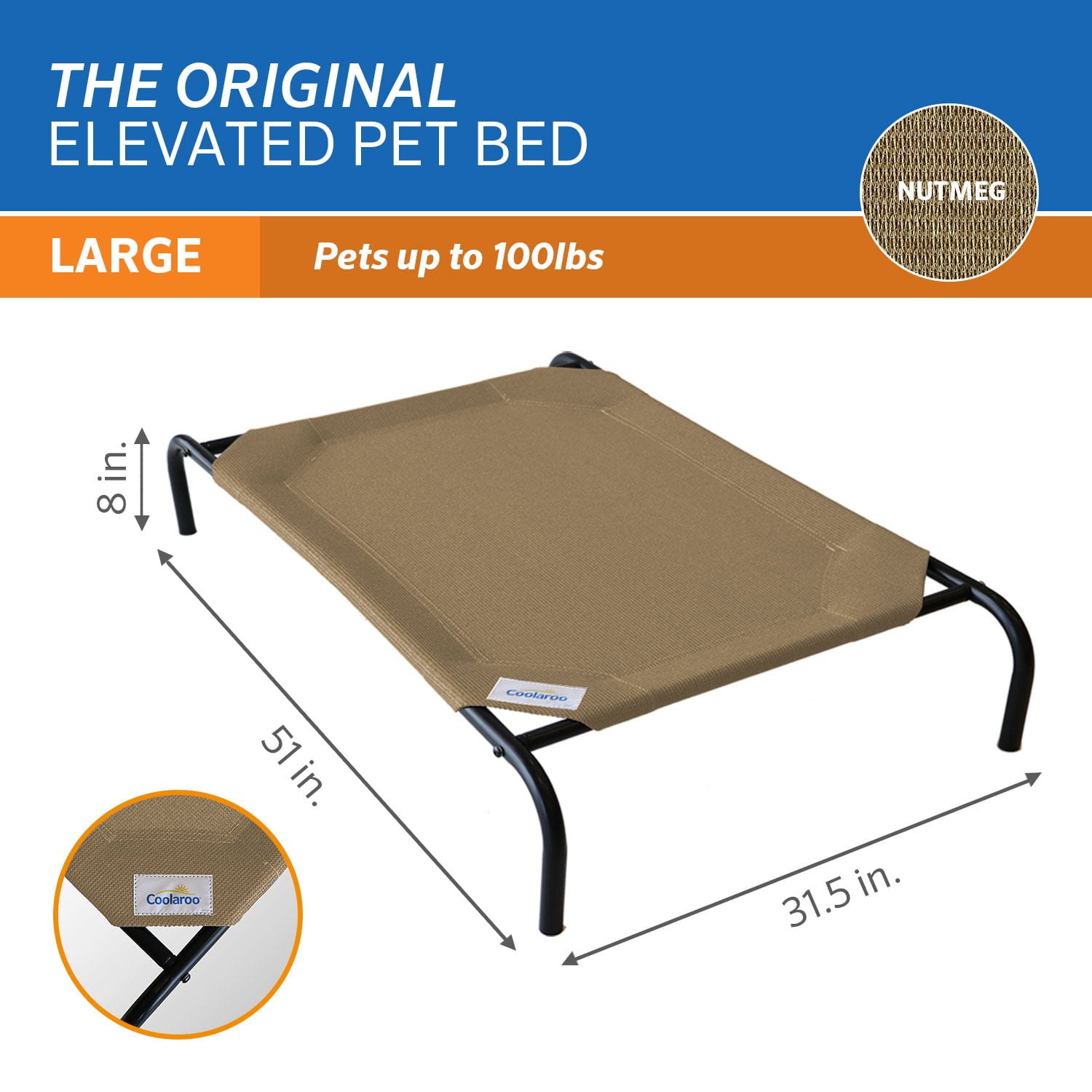The Original Coolaroo Elevated Pet Dog Bed for Indoors and Outdoors， Large， Nutmeg