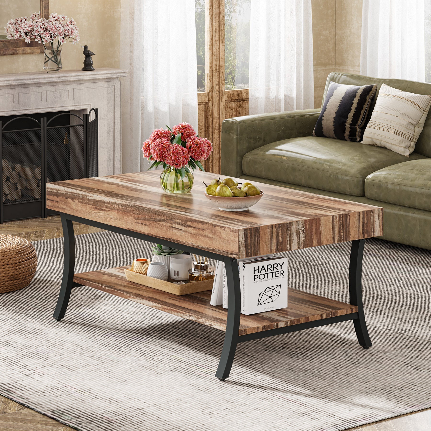 2-Tier Coffee Table,Wood Industrial Center Table with Storage Shelf