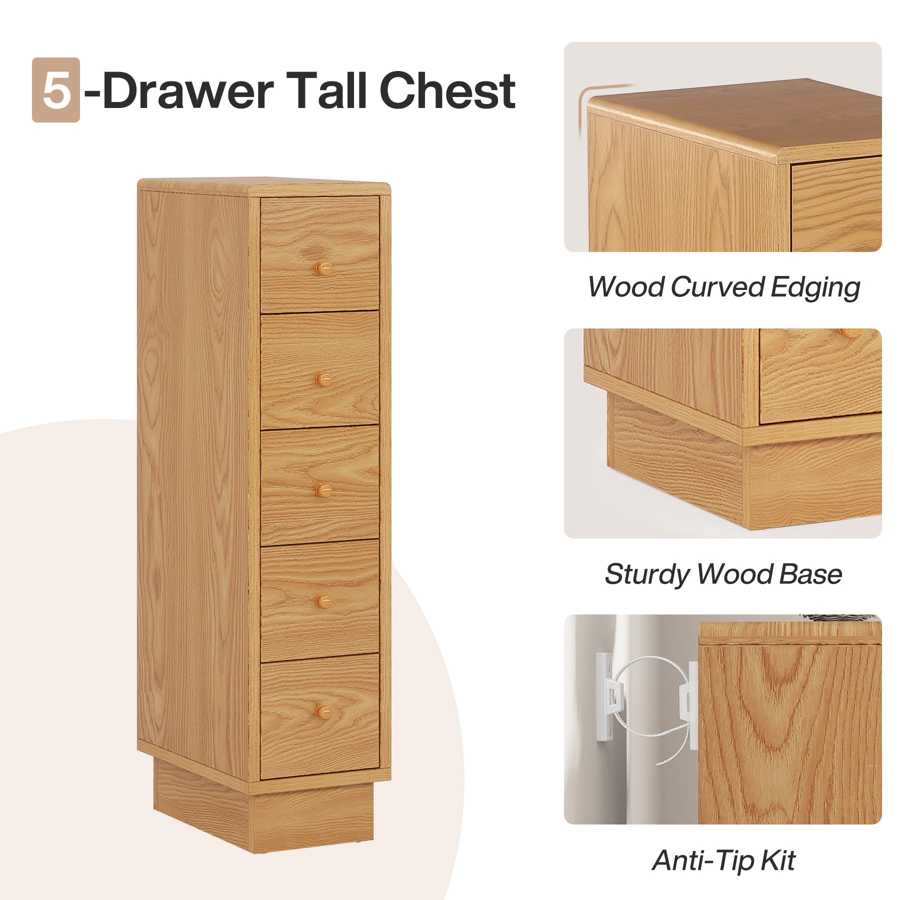 5-Drawer Chest, Wood Narrow Dresser Storage Chest of Drawers