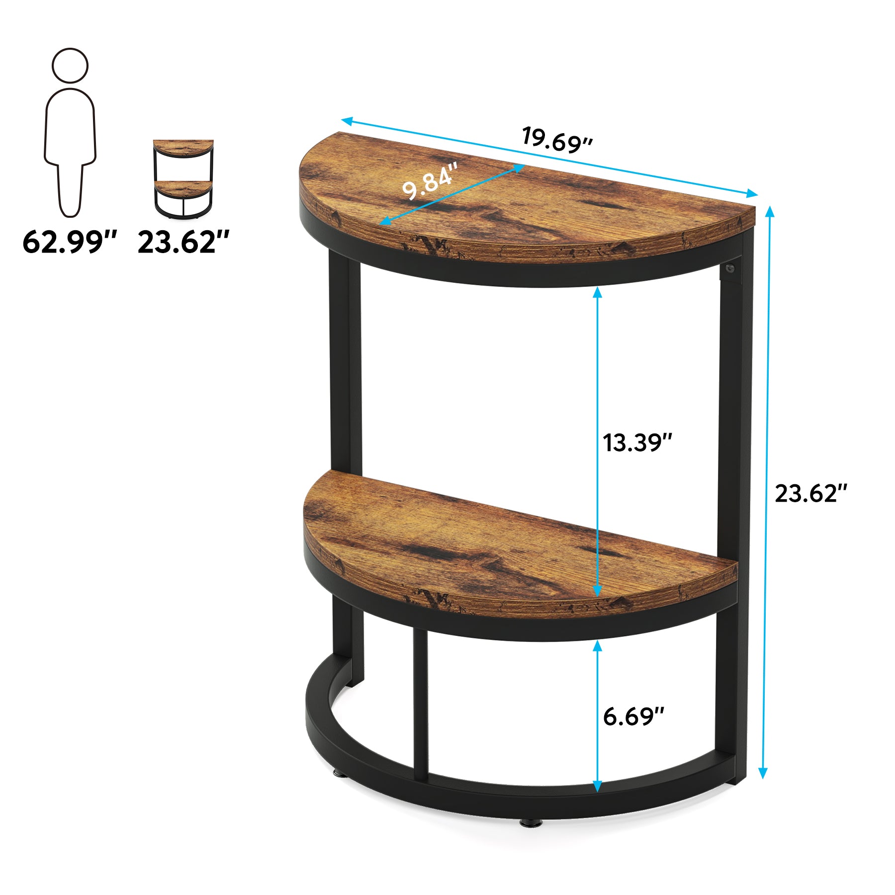 Half Round End Table, Narrow Side Table with Metal Frame