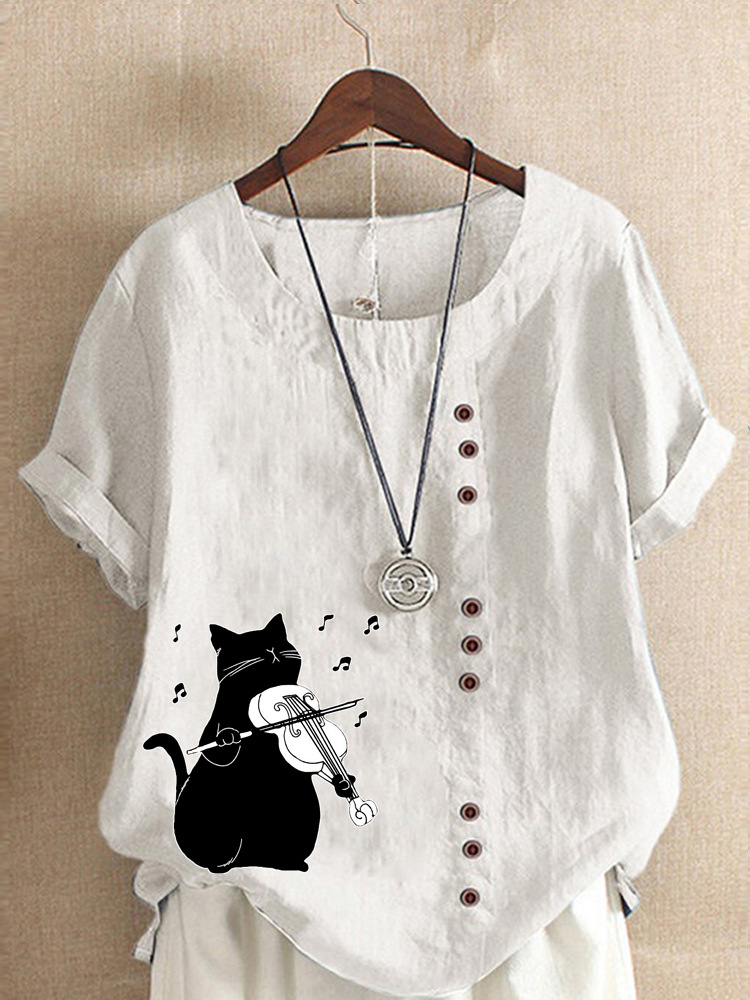Round Neck Casual Loose Cat Print Short Sleeve Blouse