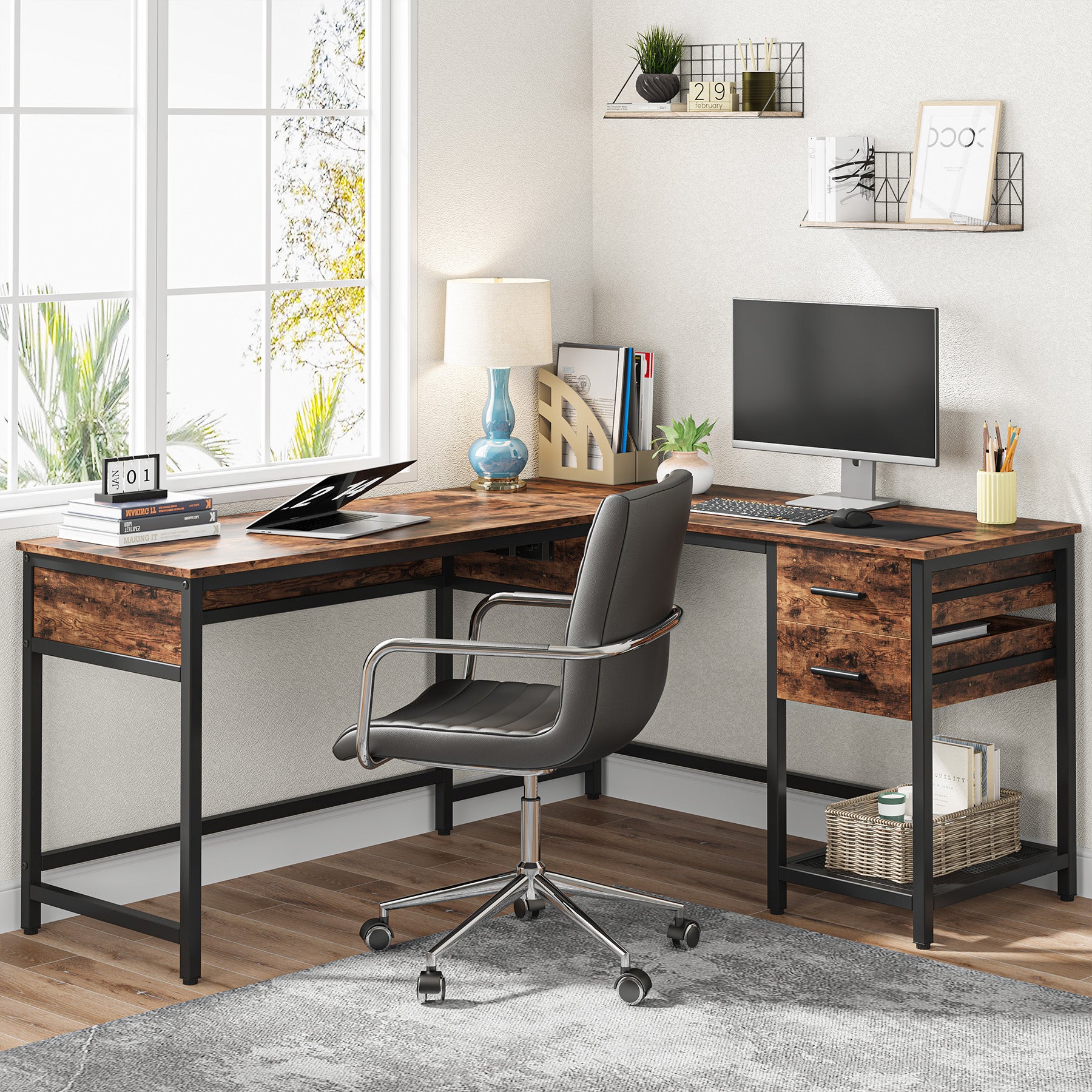 Lift Top L-Shaped Desk, Computer Corner Desks with Drawers