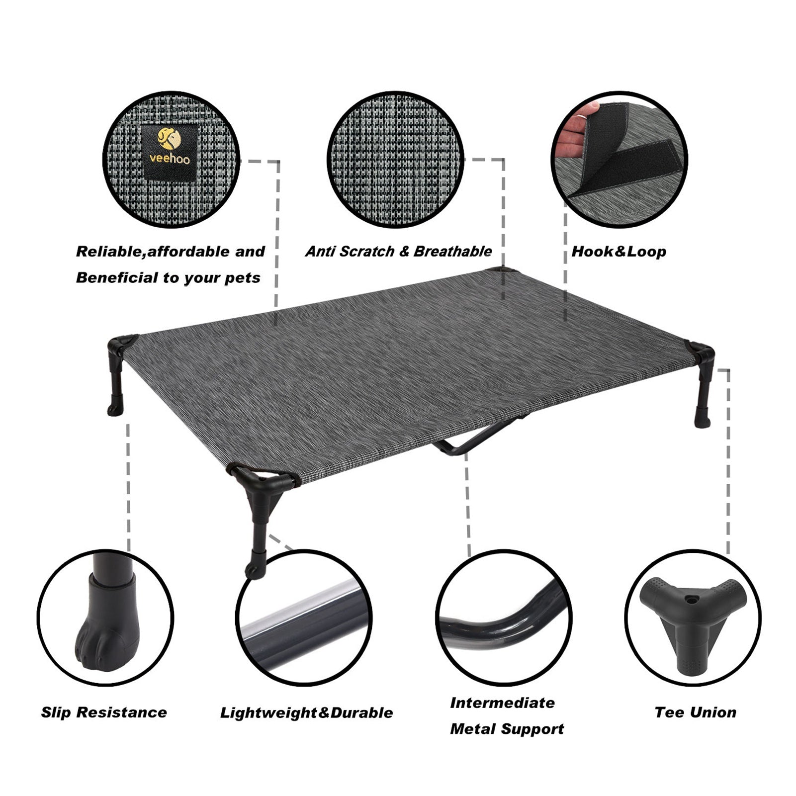 Veehoo Cooling Elevated Dog Bed， Portable Raised Pet Cot with Washable Mesh， X Large， Black Silver