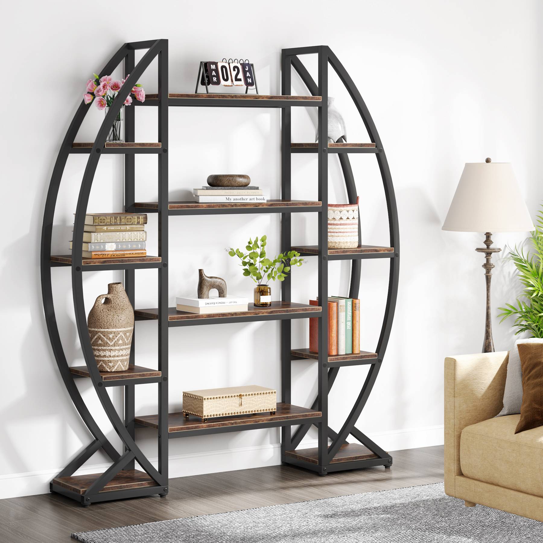 Industrial Bookshelf, Oval Triple Wide Etagere Bookcases Display Shelves