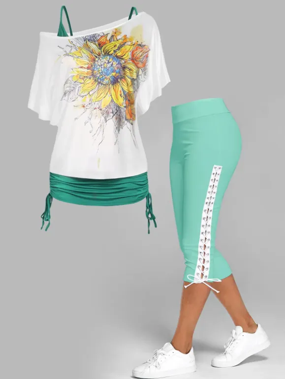 Vacation Sunflower Print T Shirt Cinched Cami Top and Lace Up Skinny Crop Leggings Summer Casual Outfit