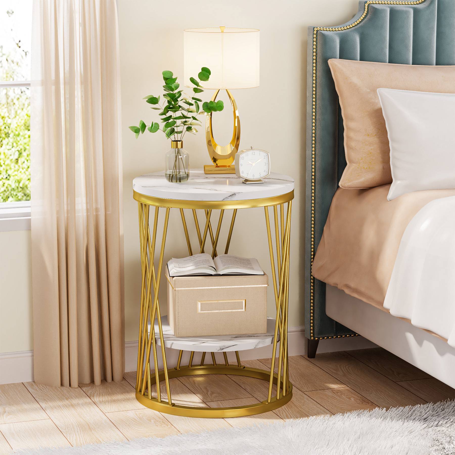 2-Tier End Table, Round Bedside Table with Faux Marble Shelves