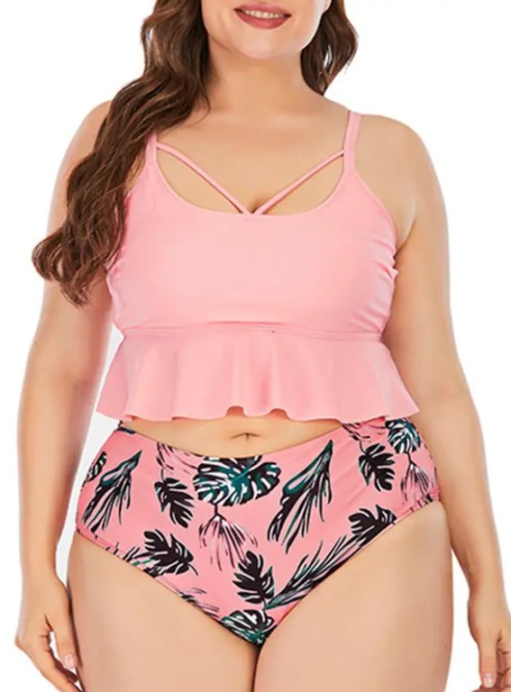 Plus Size Tropical Leaf Print Padded Tankini Swimsuit