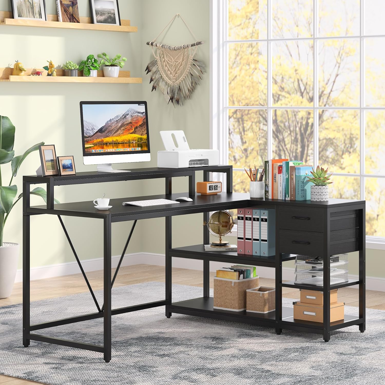 Reversible L-Shaped Desk, Industrial Corner Desk with Drawer & Shelves