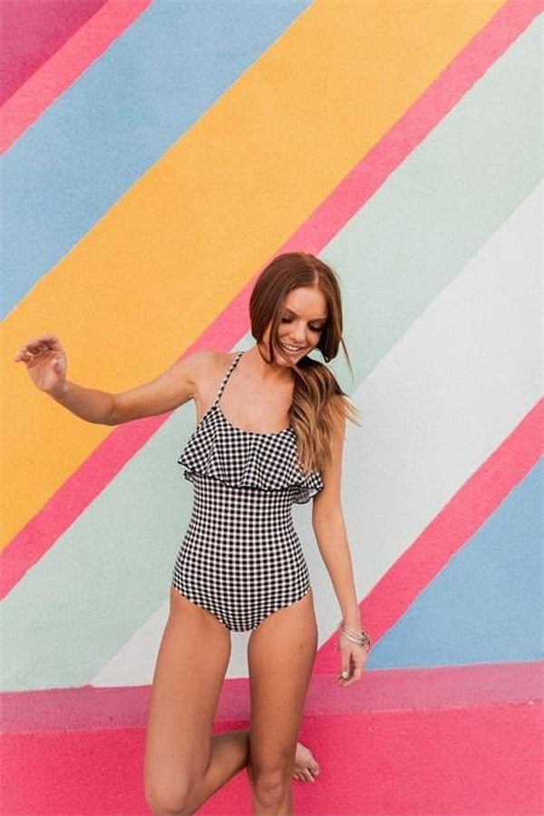 One Piece Plaid Ruffle Off Shoulder Swimsuit