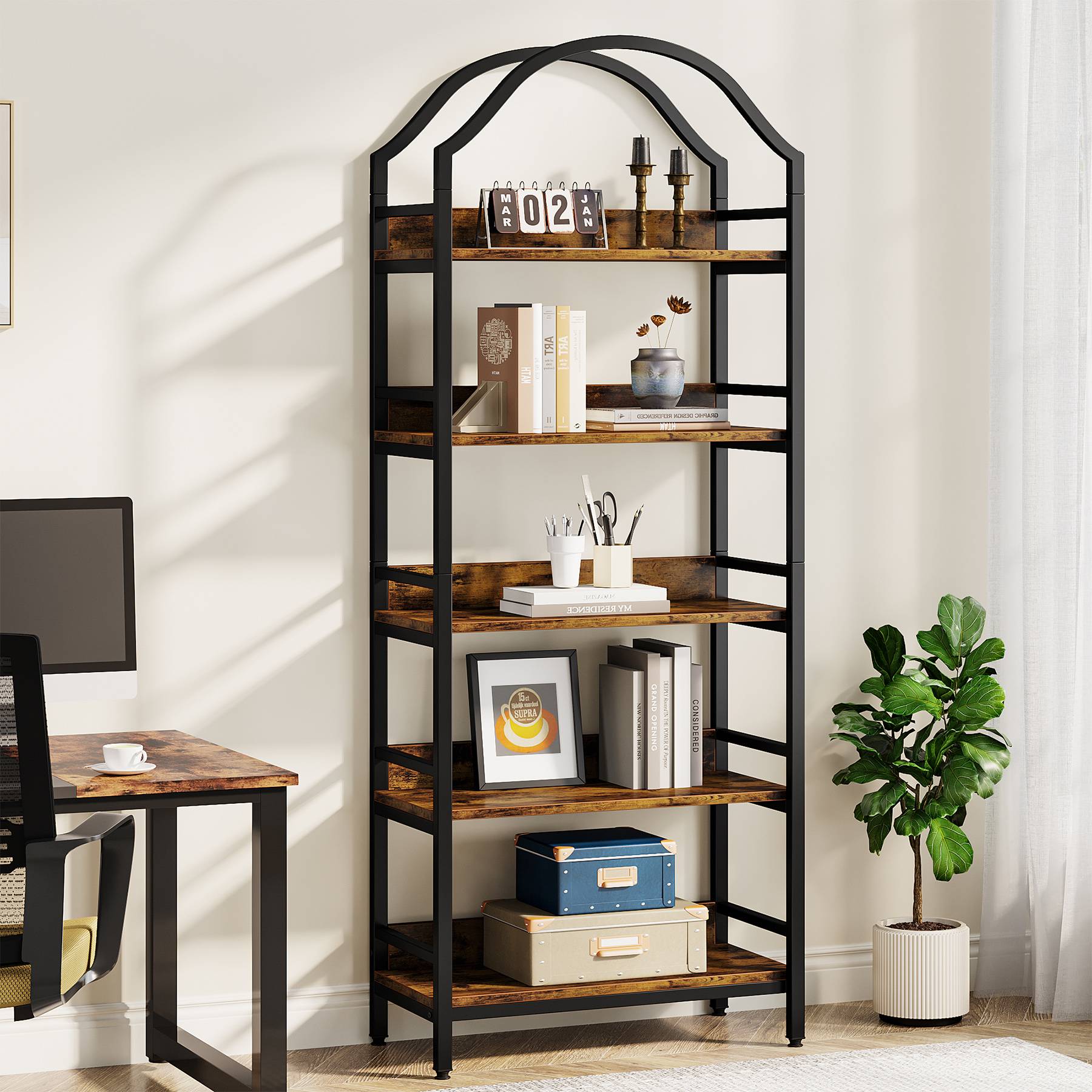 5-Tier Bookshelf, Industrial Arched Bookcase 73