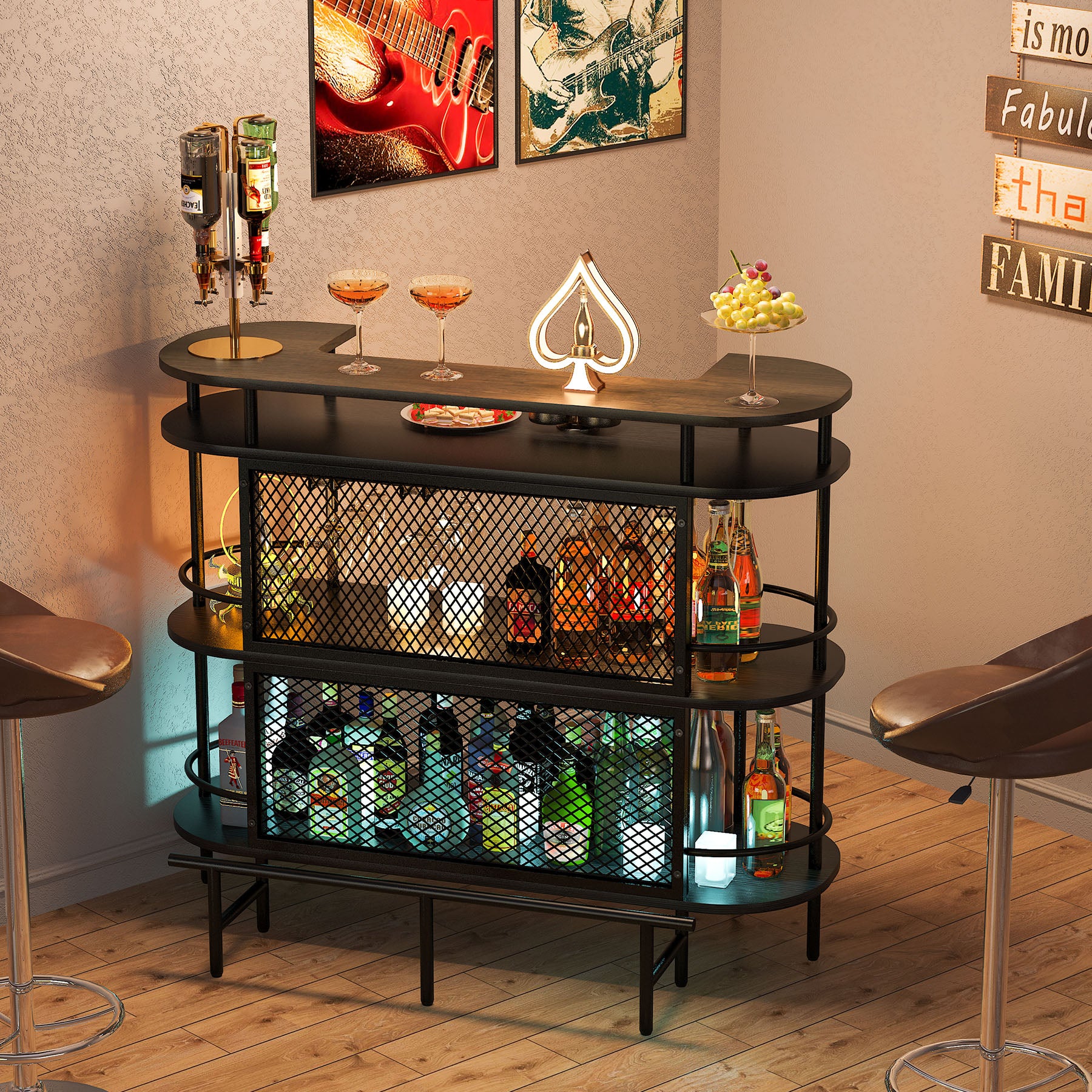 Bar Unit for Liquor, 4-Tier Bar Cabinet with Storage Shelves and Footrest