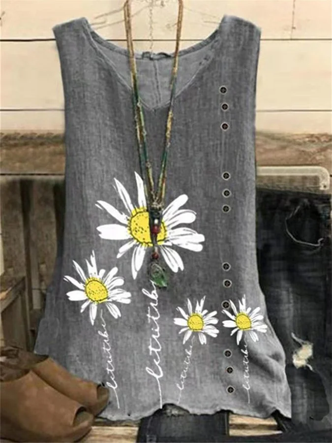Women's Sleeveless Loose Daisy Print Vest