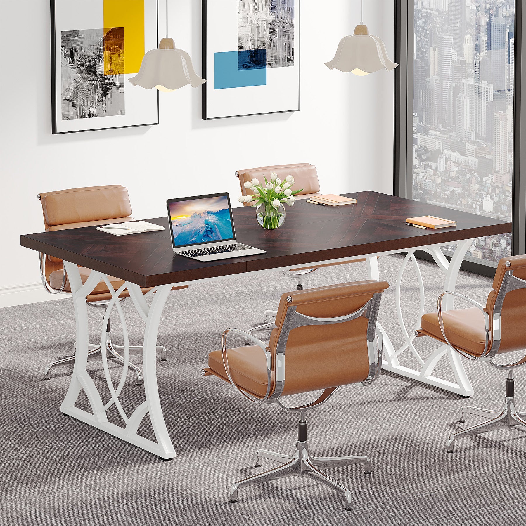 63-Inch Executive Desk, Industrial Computer Desk with Wooden Tabletop