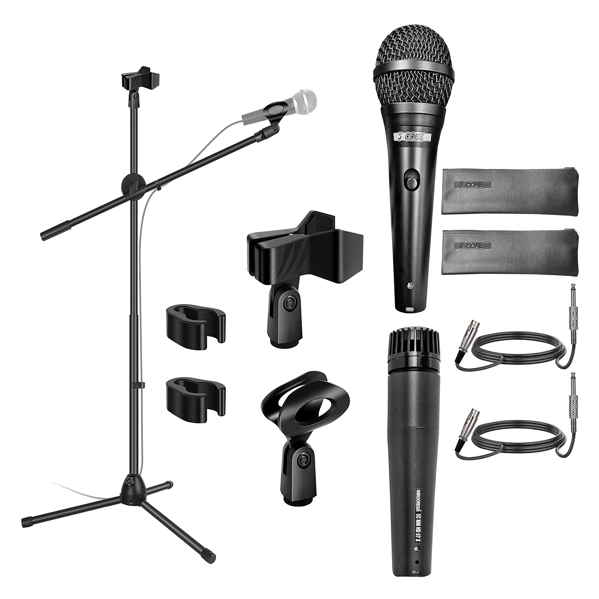 5 Core Dual Microphone Stand with (2) Mic, (2) Mic Clips/ Holder, and