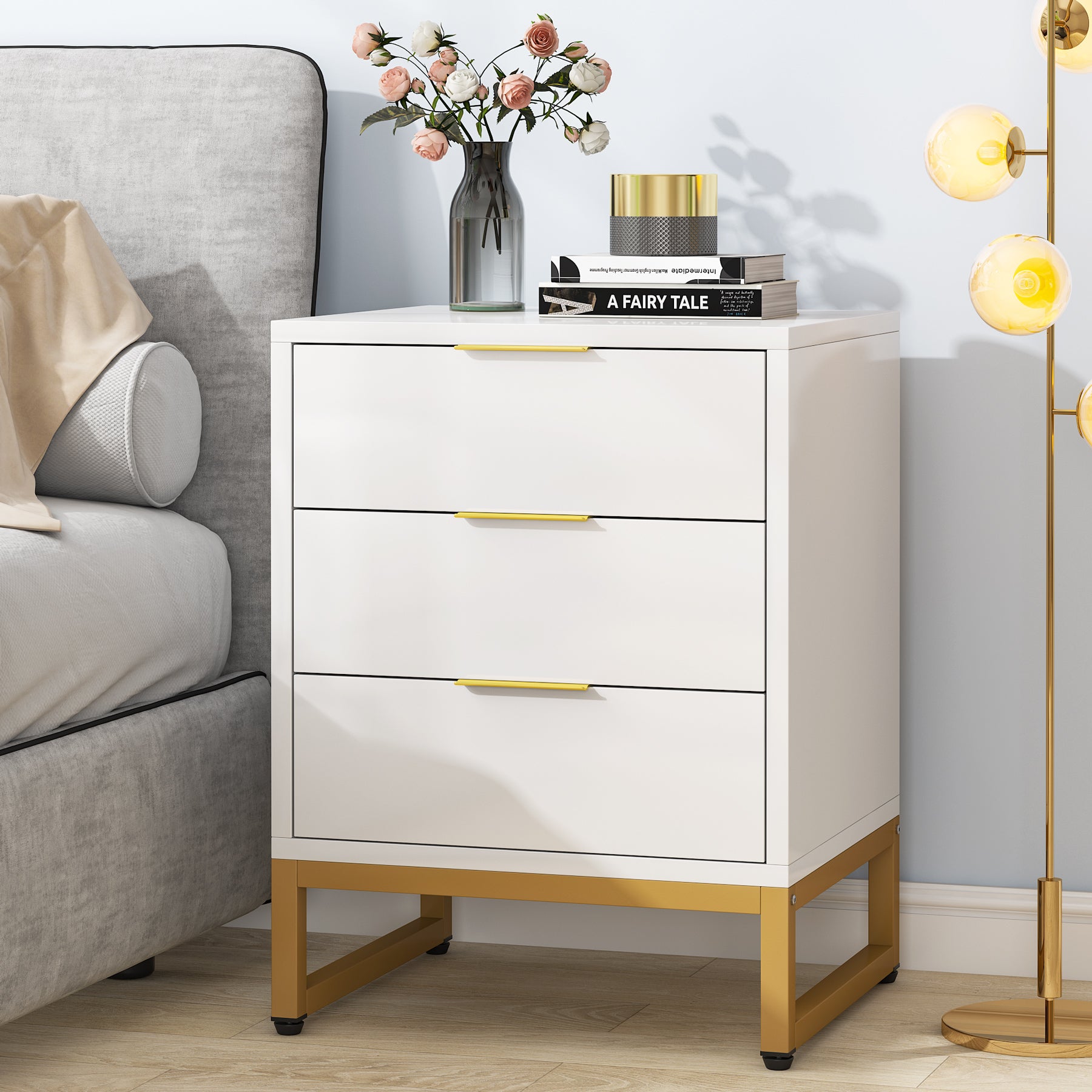 3 Drawers Nightstand, Modern Bedside End Table with Metal Frame