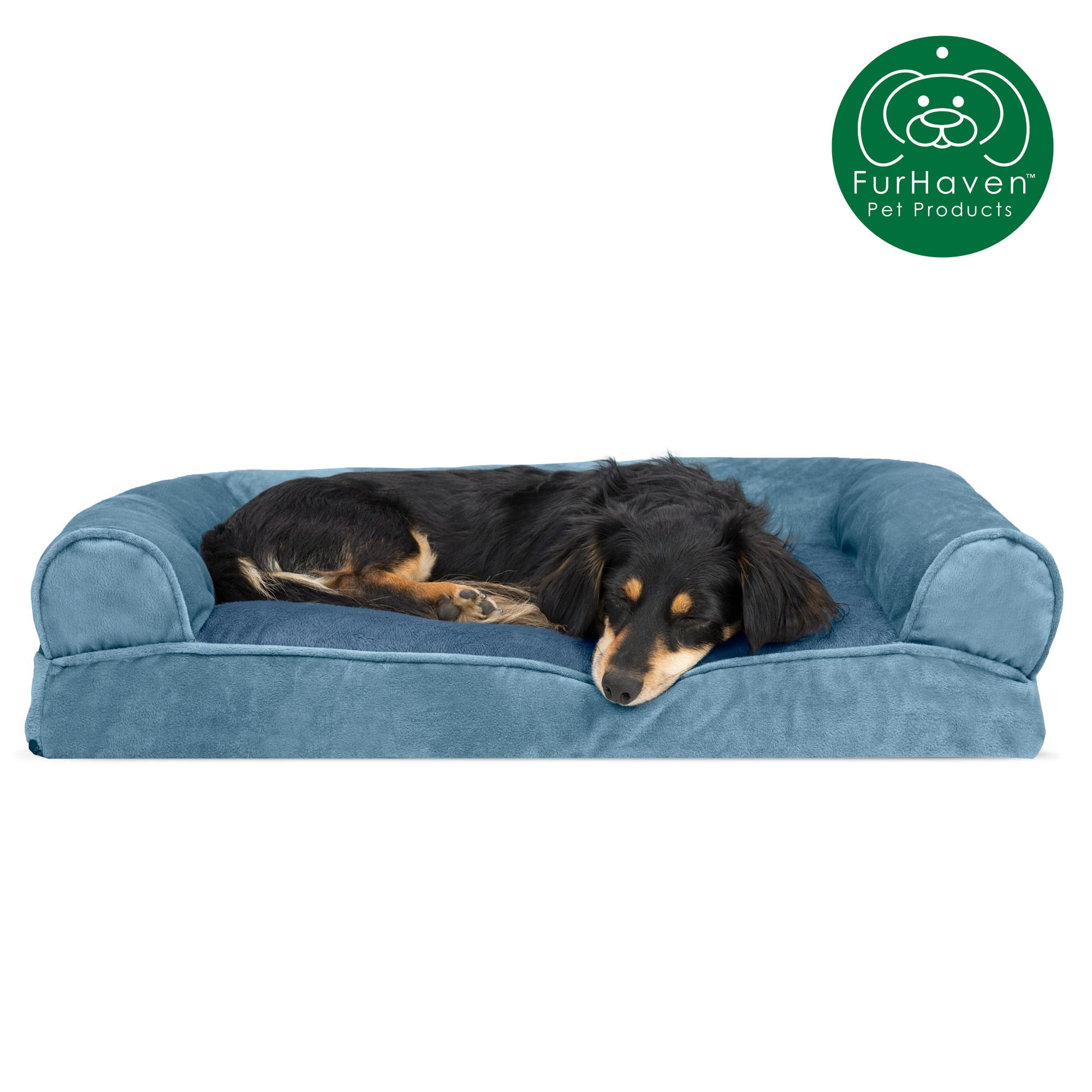 Furhaven Pet Products | Faux Fur and Velvet Pillow Sofa Pet Bed for Dogs and Cats， Harbor Blue， Medium