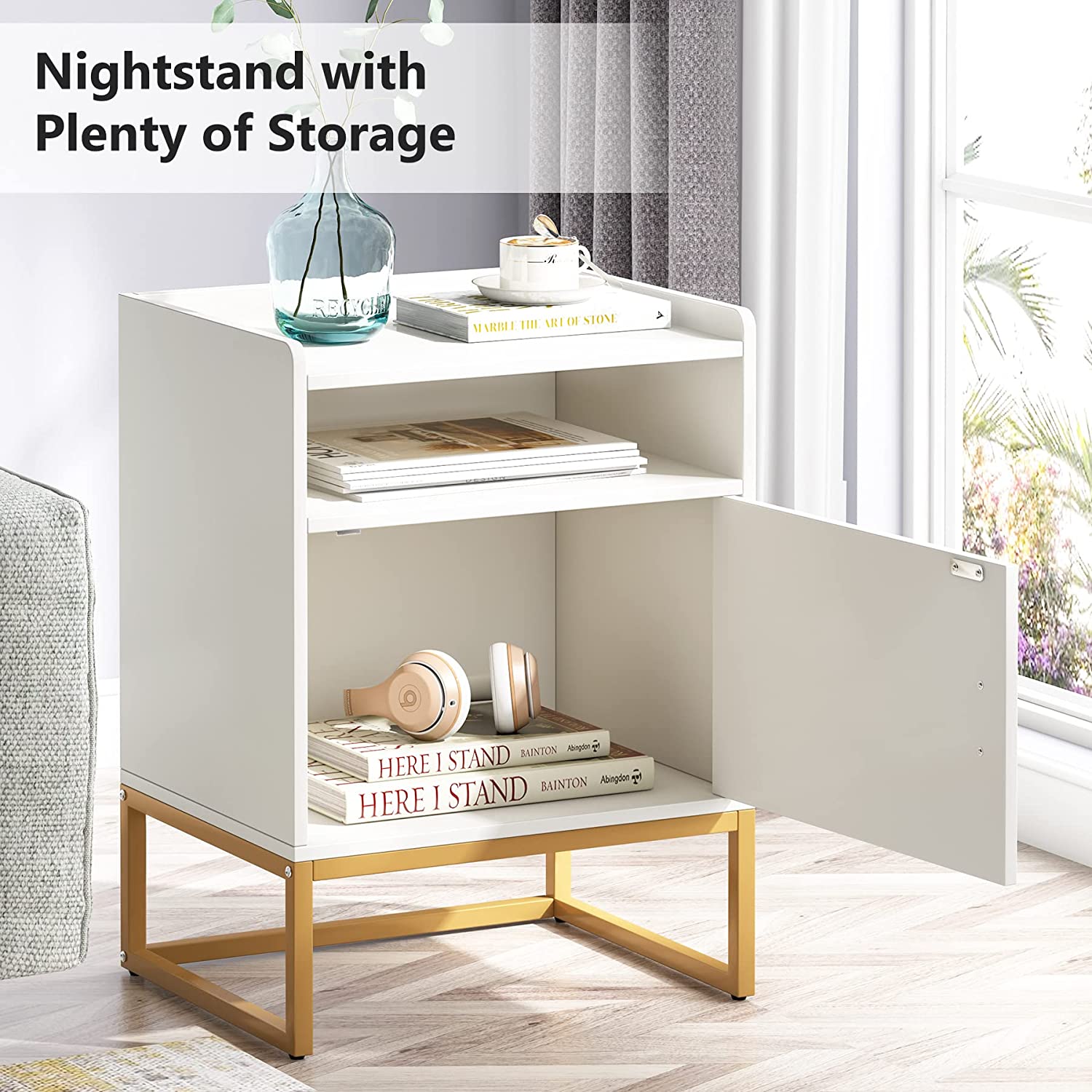 Modern Nightstand Bedside Table with Cabinet and Storage Shelf