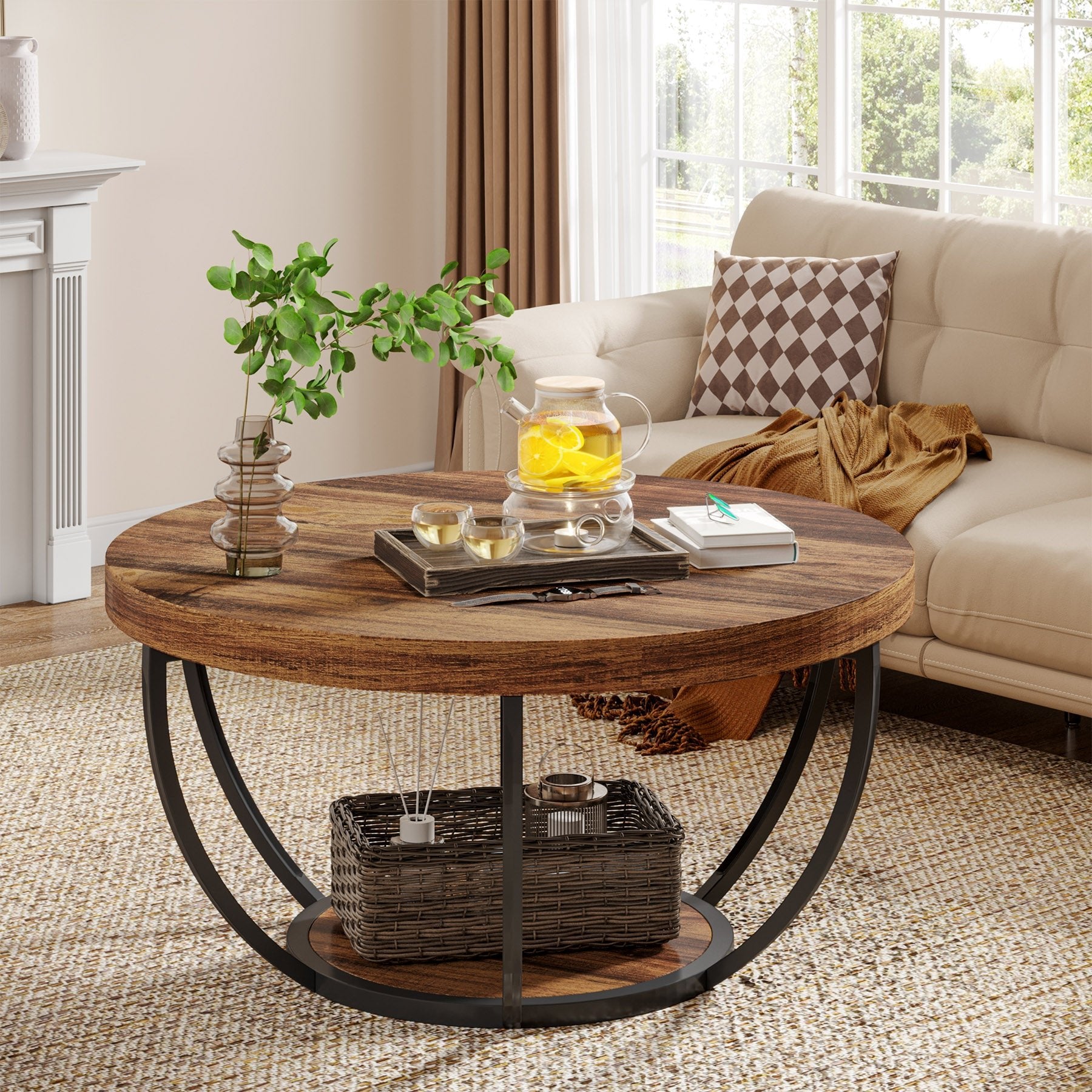 Wooden Coffee Table, 2-Tier Round Central Cocktail Table with Shelves