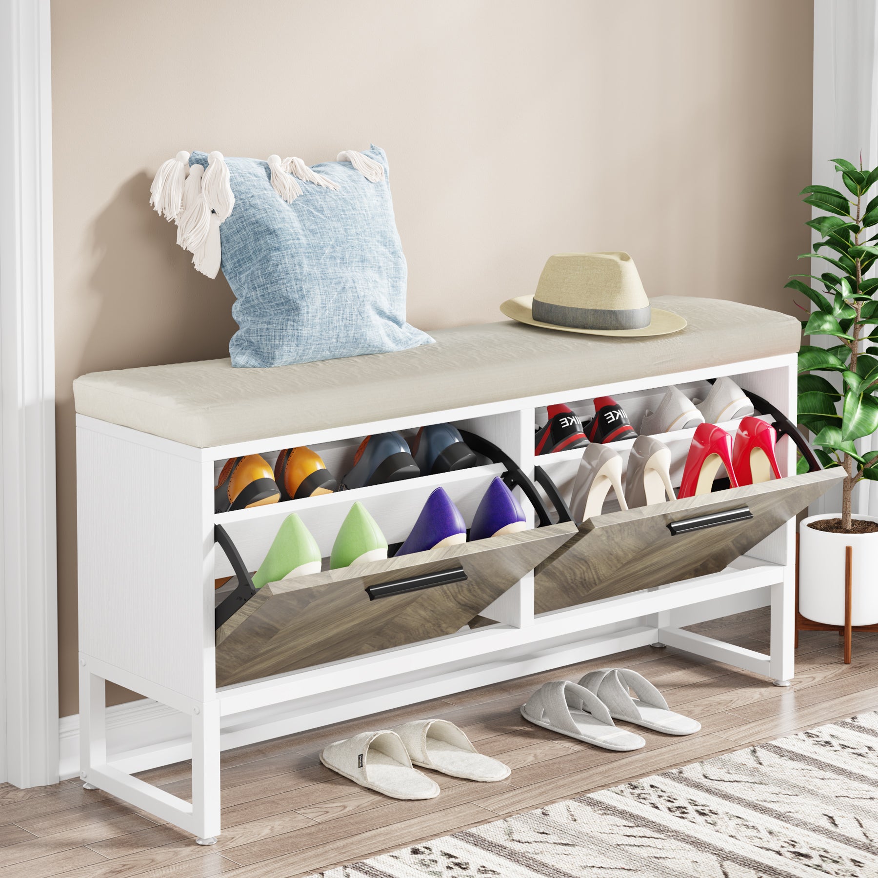 Entryway Shoe Storage Bench, Hallway Shoe Organizer with 2 Flip Drawers