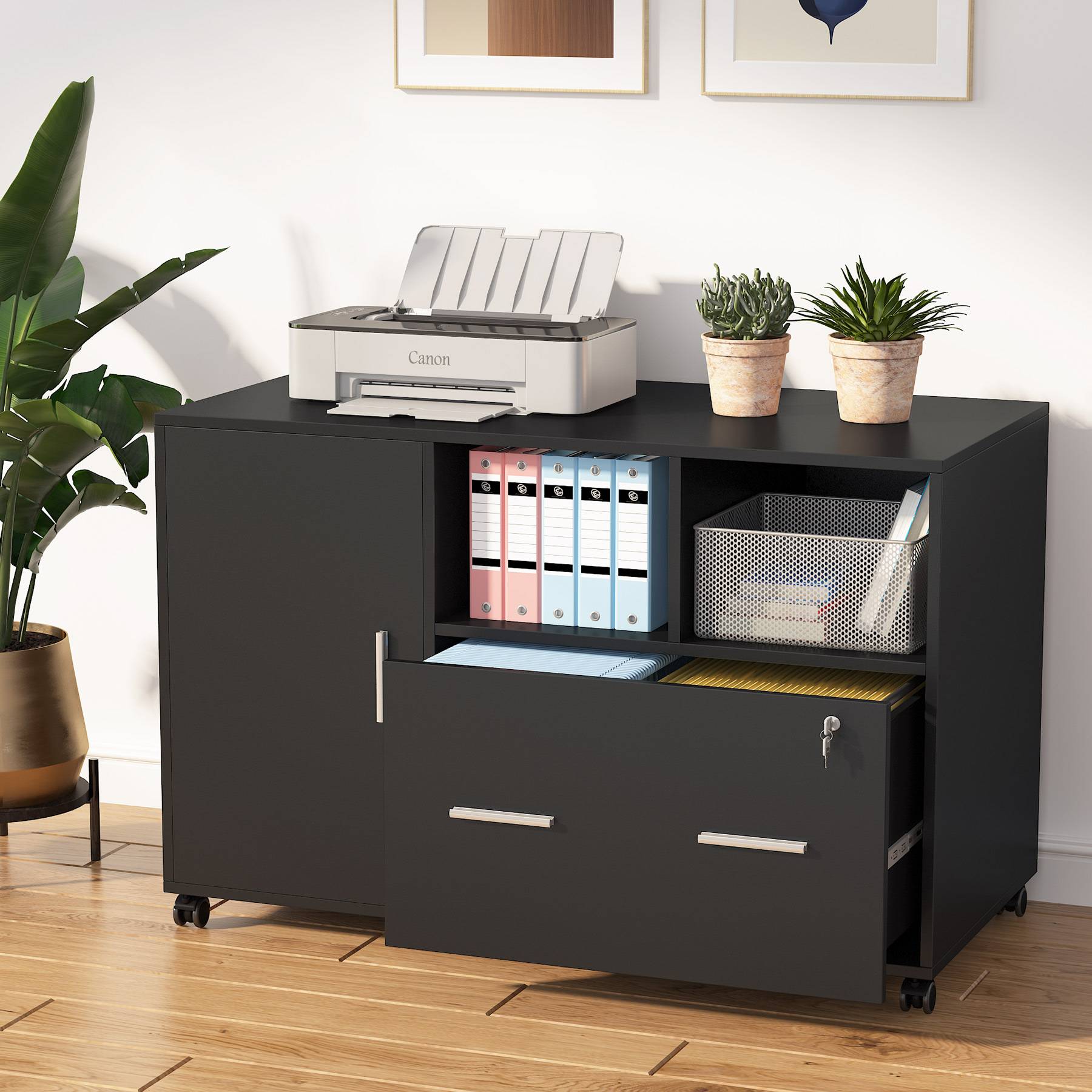 Lateral File Cabinet Printer Stand with Wheels and Shelves