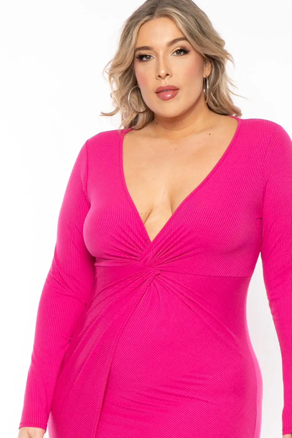 Plus Size Inessa Twist Front Ribbed Dress- Pink