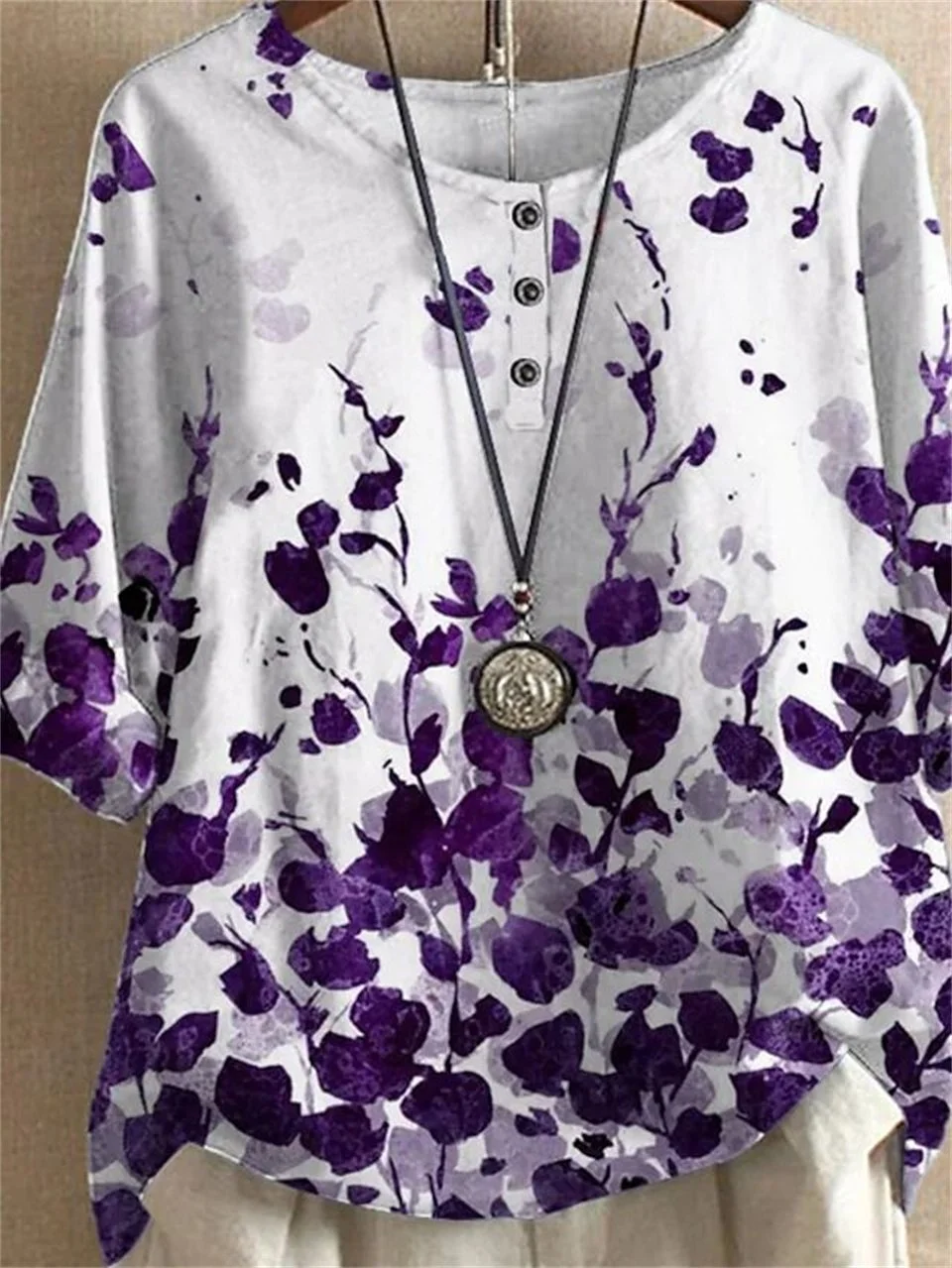 Ladies Floral Print Button-Neck Cotton&Linen T-Shirt