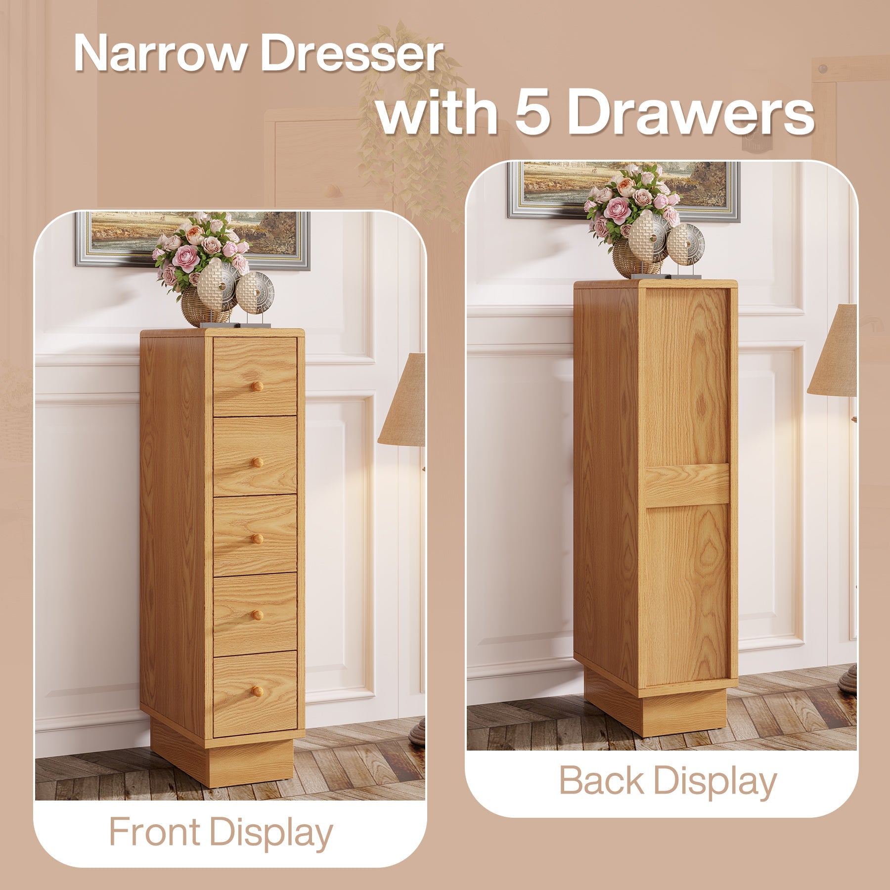 5-Drawer Chest, Wood Narrow Dresser Storage Chest of Drawers