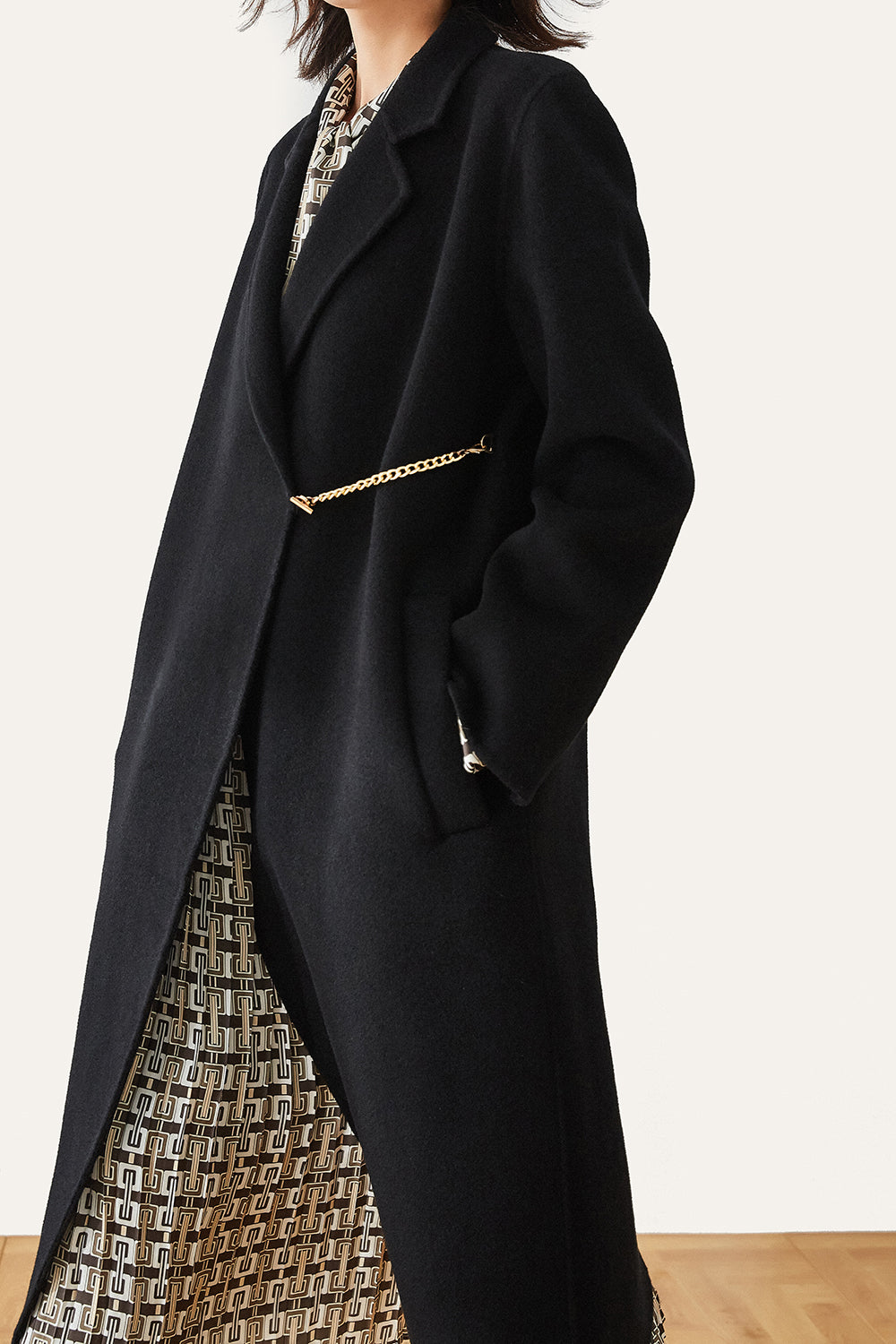 Black Long Chain Belt Wool Coat