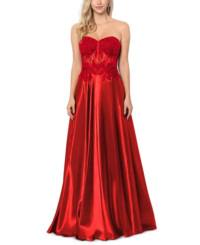 Juniors' Illusion Appliqué Charmeuse Gown, Created for Macy's