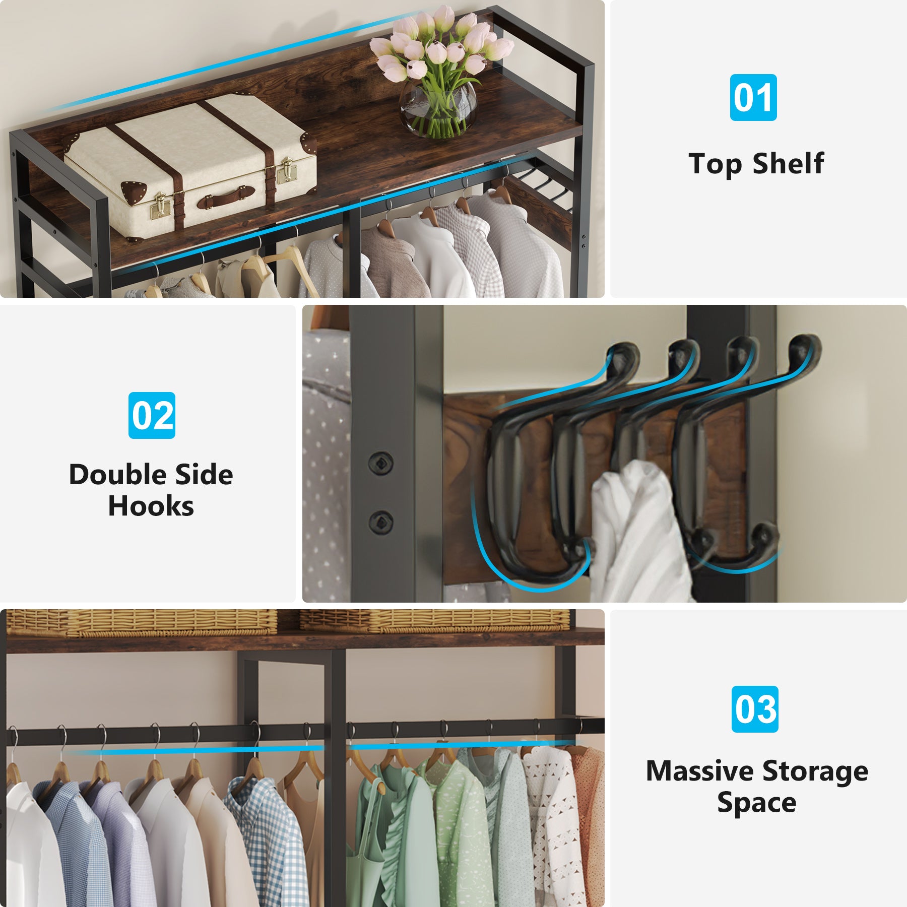 Freestanding Closet Organizer, Garment Rack with Drawers & Shelves