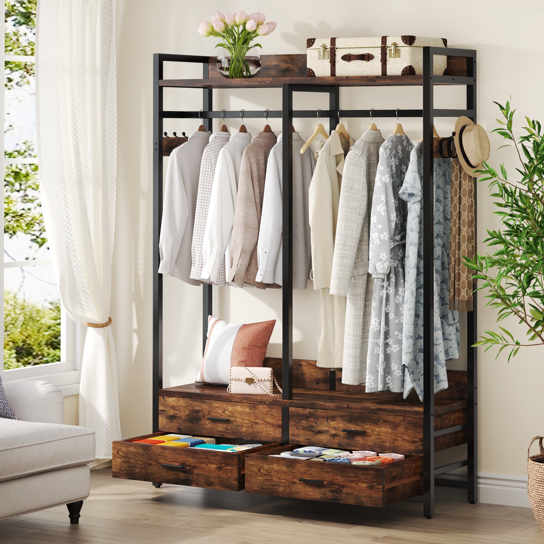 Freestanding Closet Organizer, Garment Rack with Drawers & Shelves