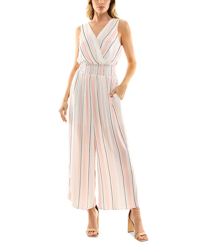 Juniors' Surplice-Neck Smocked-Waist Sleeveless Jumpsuit