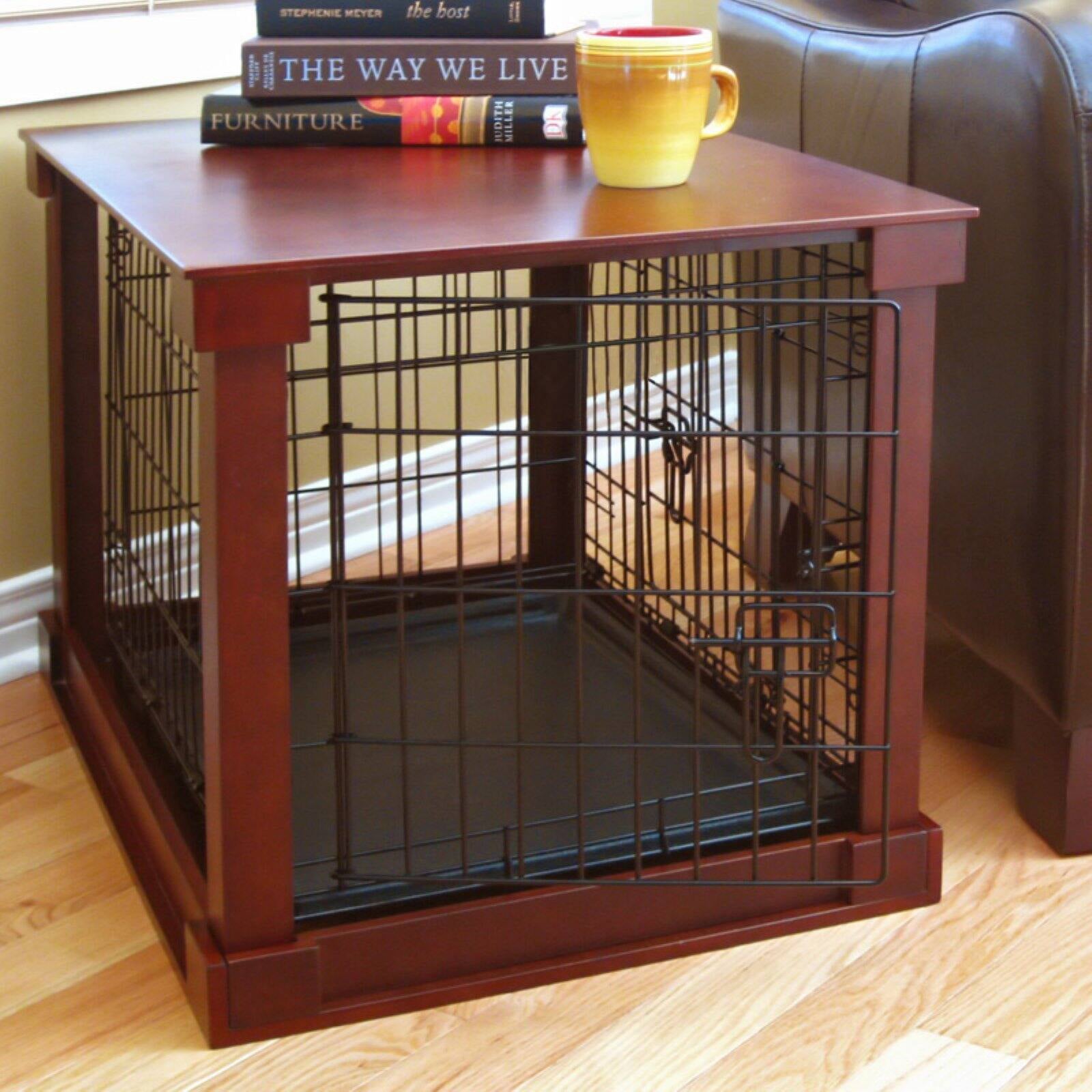 Merry Products Pet Dog Crate End Table with Cover， Mahogany， Medium， 30L x 19W x 21H in.