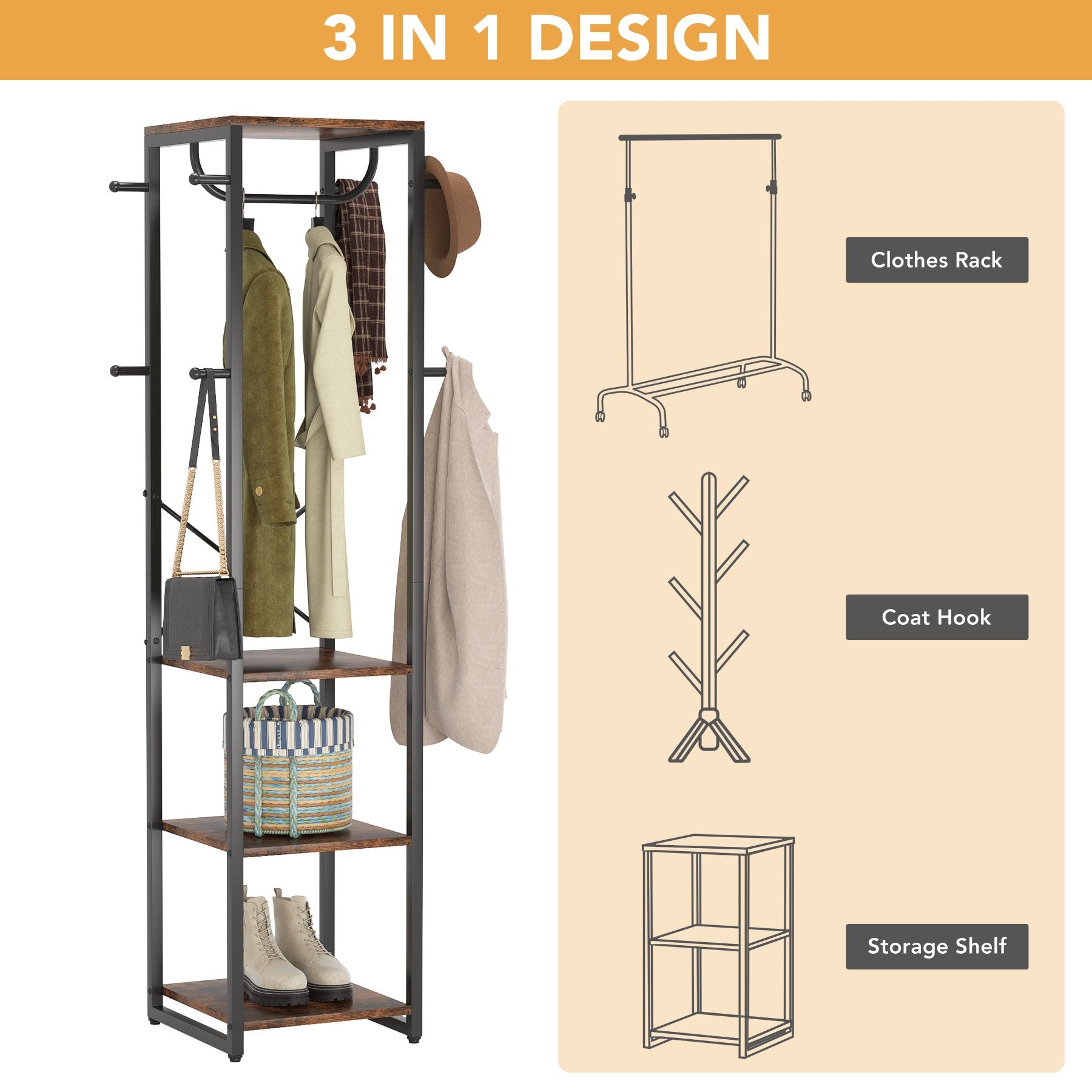 Freestanding Coat Rack, Industrial Corner Hall Tree with 4 Shelves 8 Hooks